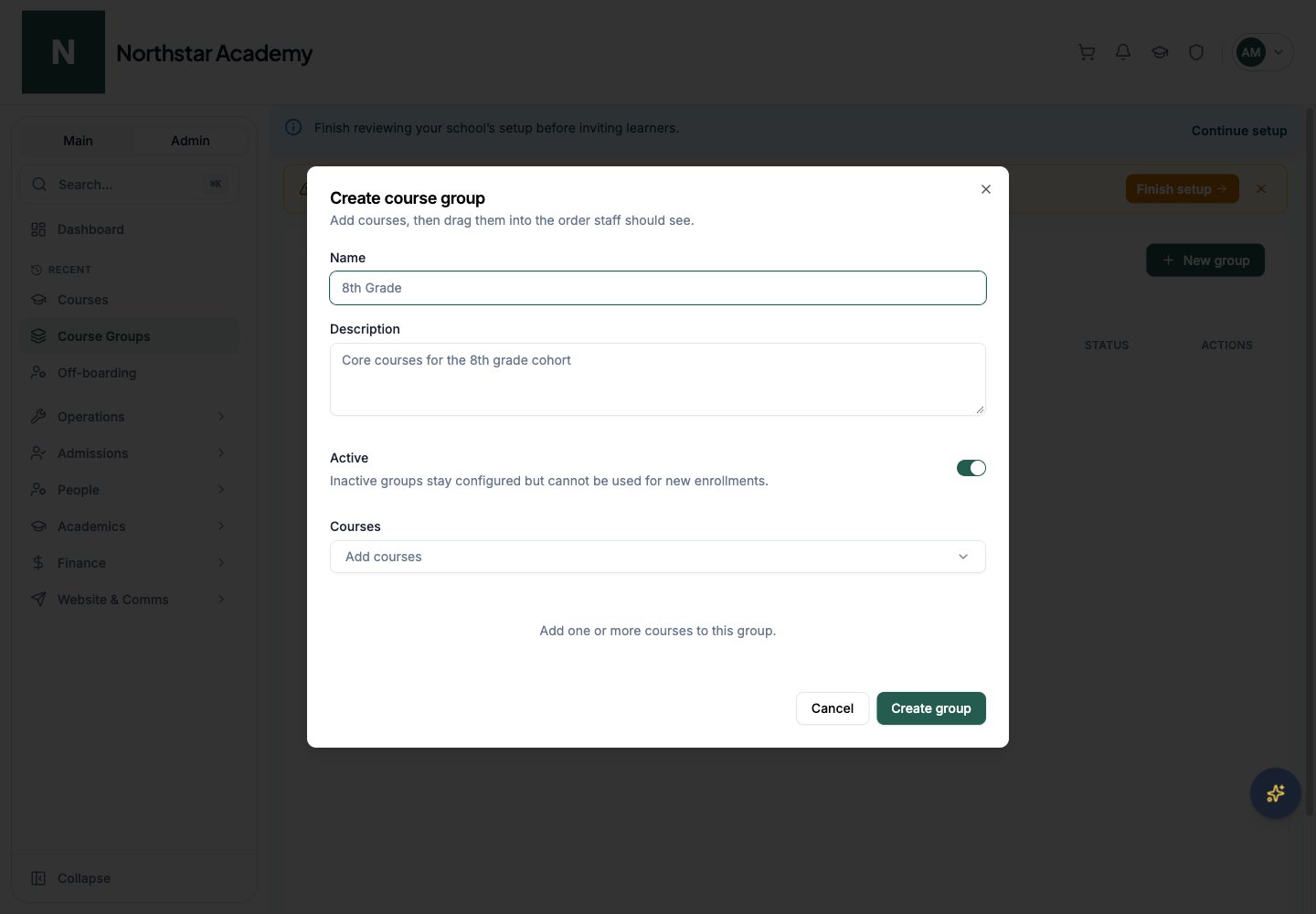 Northstar demo: Course Groups — New group
