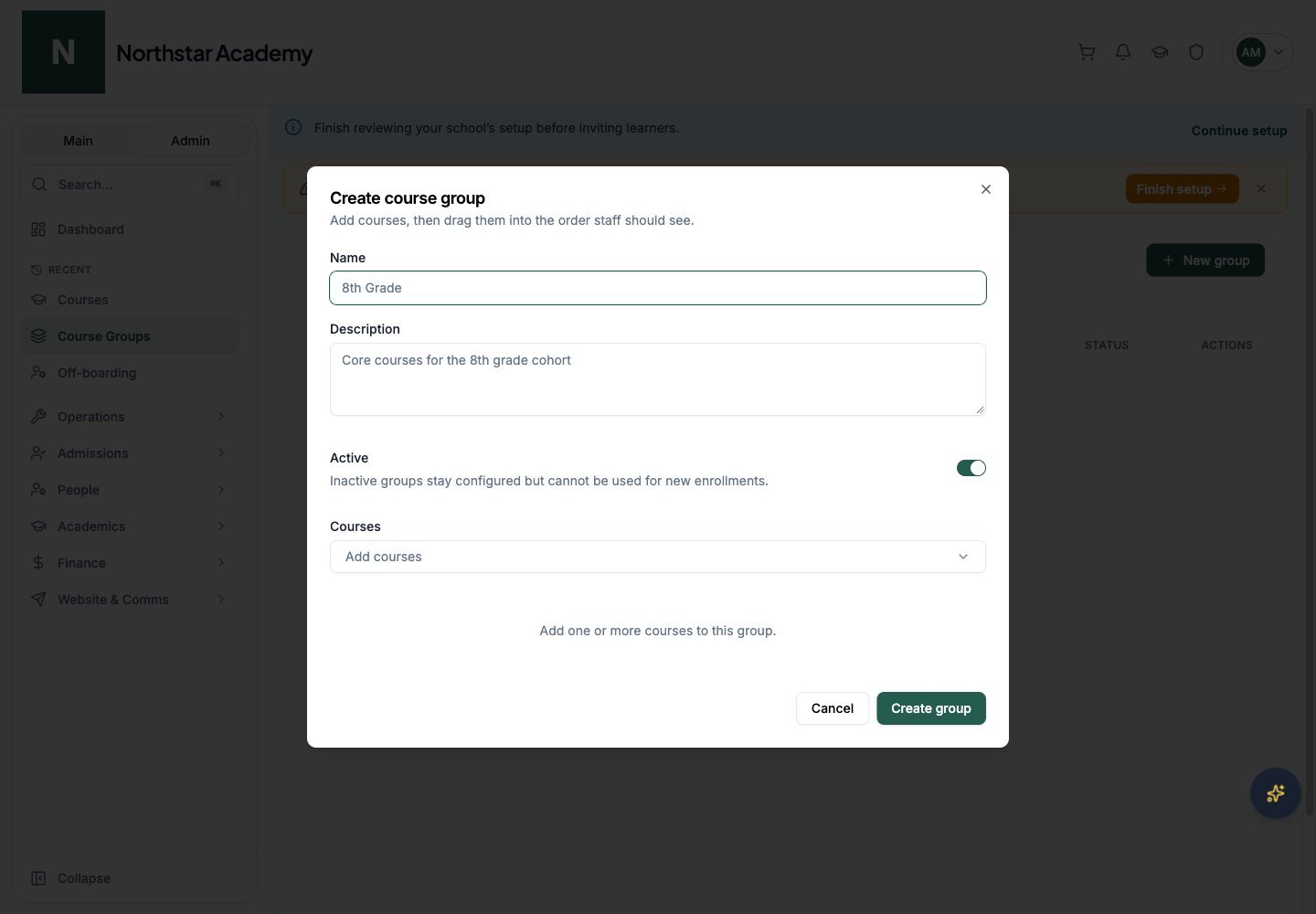 Northstar demo: Course Groups — New group