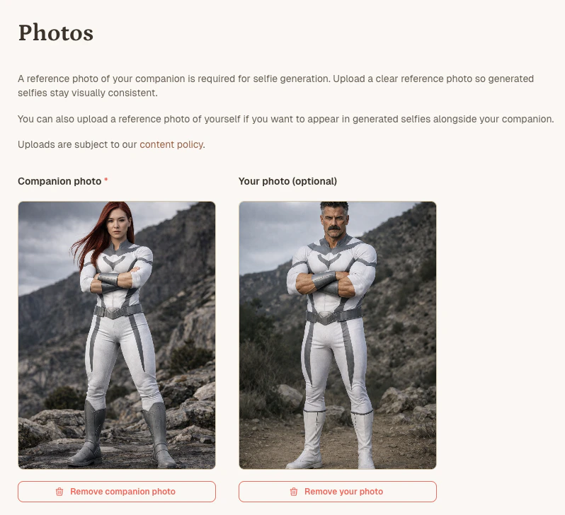 Photo uploads page showing companion photo and your photo side by side