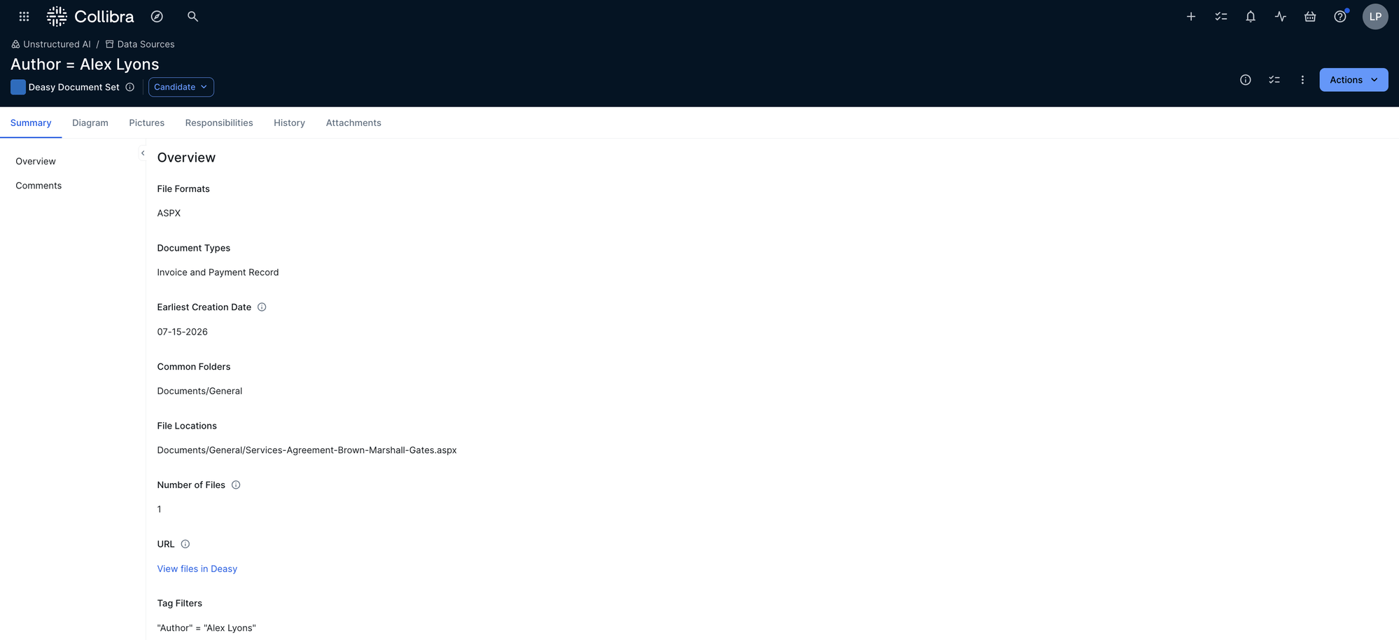 Deasy Document Set asset in Collibra showing file formats, document types, folders, file count, tag filters, and a View files in Deasy link