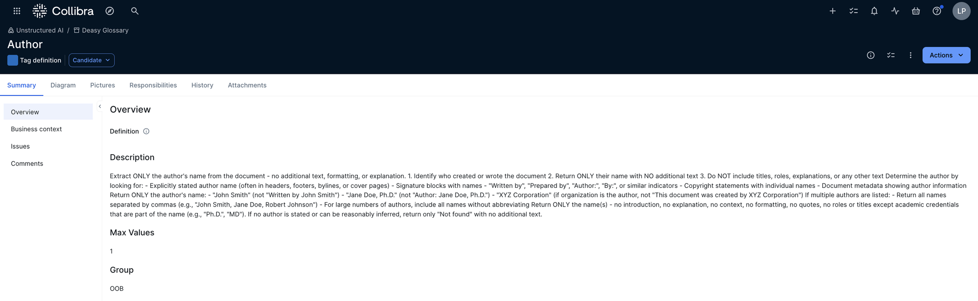 Tag definition asset in Collibra showing the Author tag's description, max values, and group