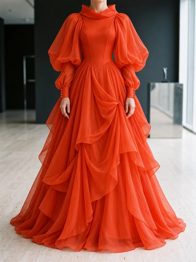 Vermilion couture gown reference image