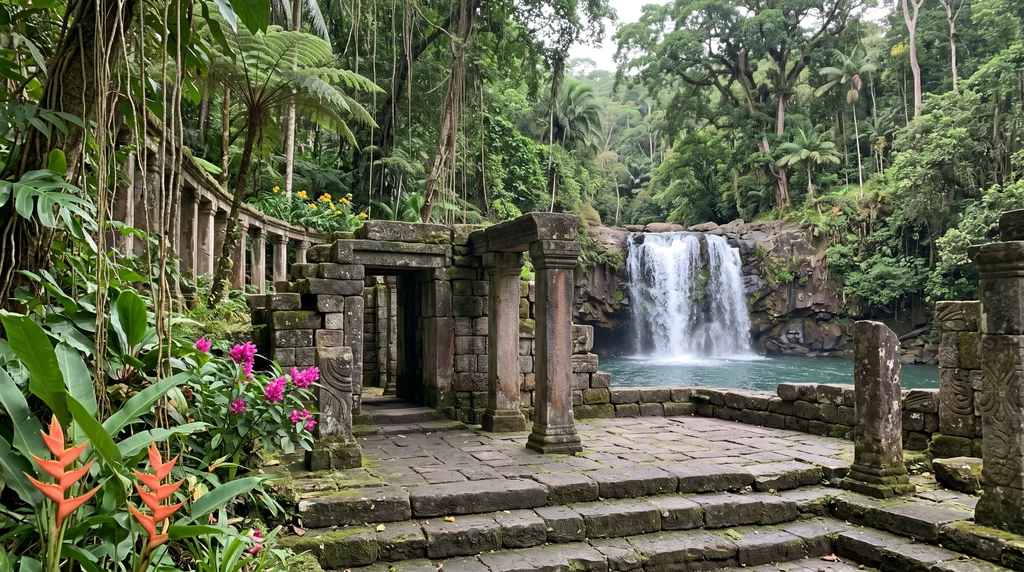 Tropical forest with ancient stone ruins, colorful flowers, and a central waterfall