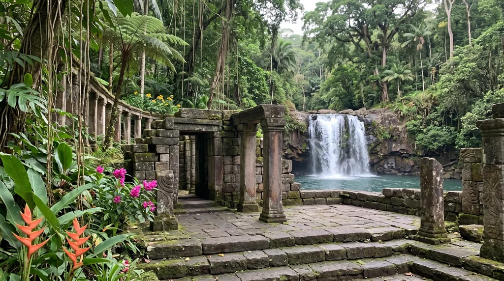 Tropical forest with ancient stone ruins, colorful flowers, and a central waterfall
