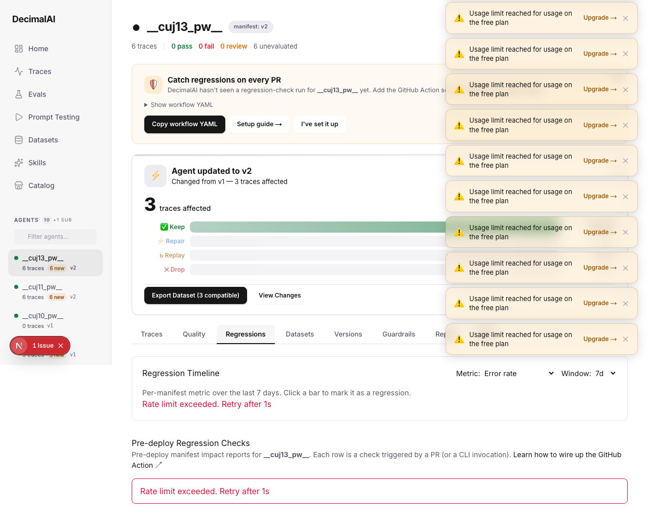 Regressions tab showing pre-deploy manifest impact checks with severity badges
