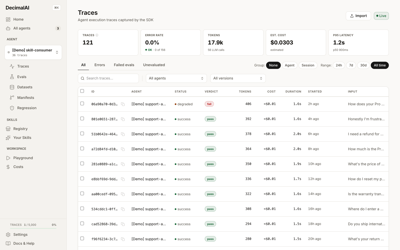 The DecimalAI Traces page: stat cards for trace count, error rate, tokens, estimated cost and p95 latency, above a table of demo agent traces showing ID, agent, status, eval verdict, tokens, cost, duration and input.