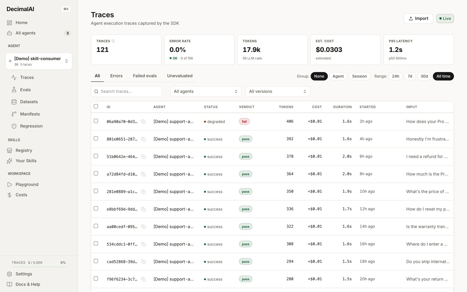 The DecimalAI Traces page: stat cards for trace count, error rate, tokens, estimated cost and p95 latency, above a table of demo agent traces showing ID, agent, status, eval verdict, tokens, cost, duration and input.