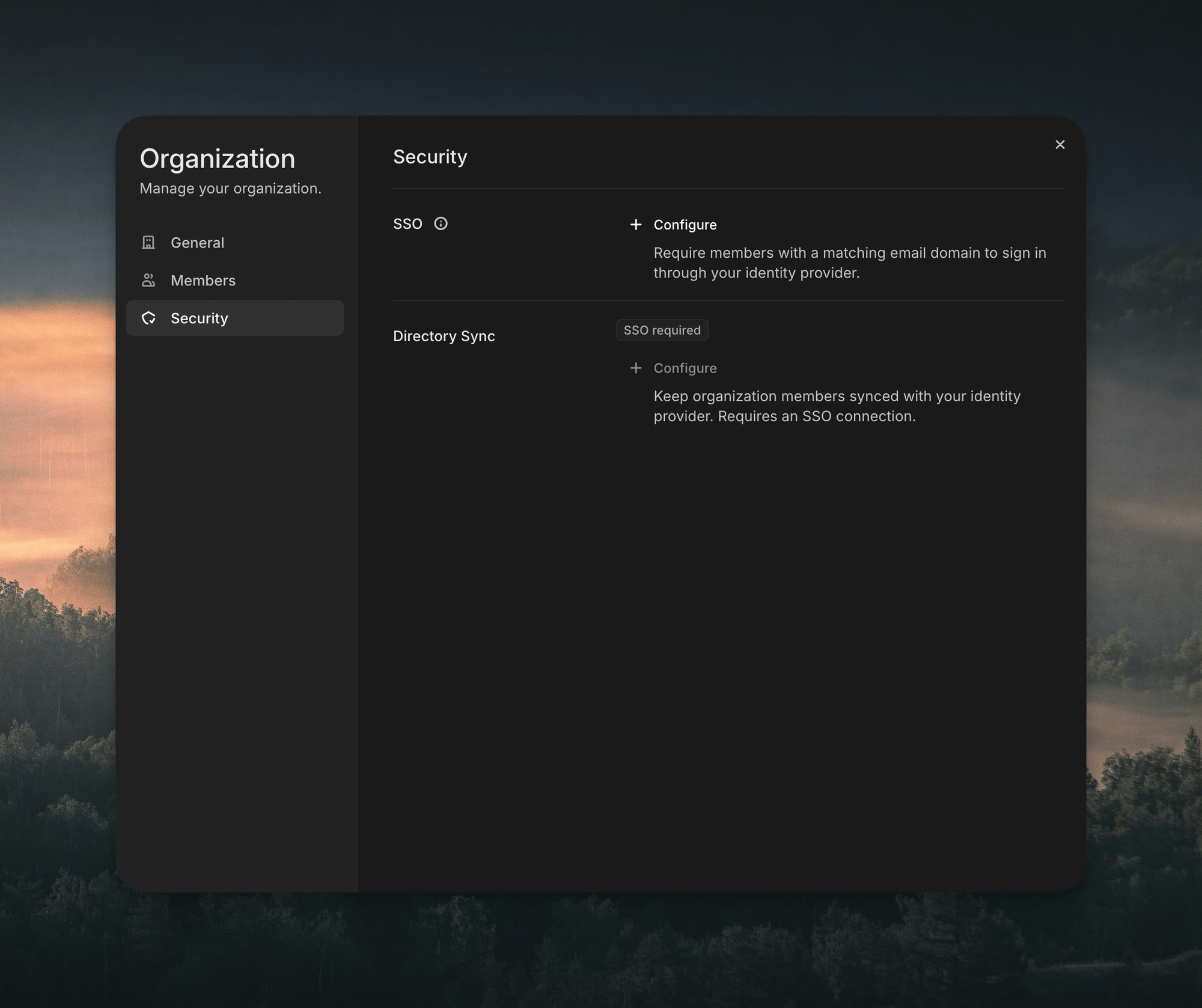 The Security tab, with Configure buttons for SSO and Directory Sync
