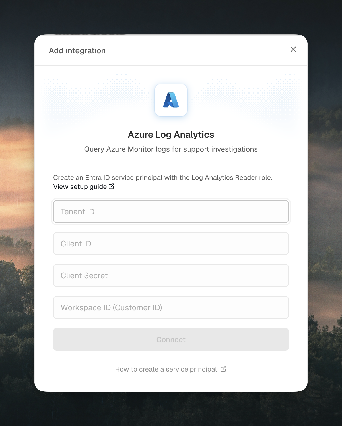 Decimal Azure Log Analytics connect modal with the four credential fields