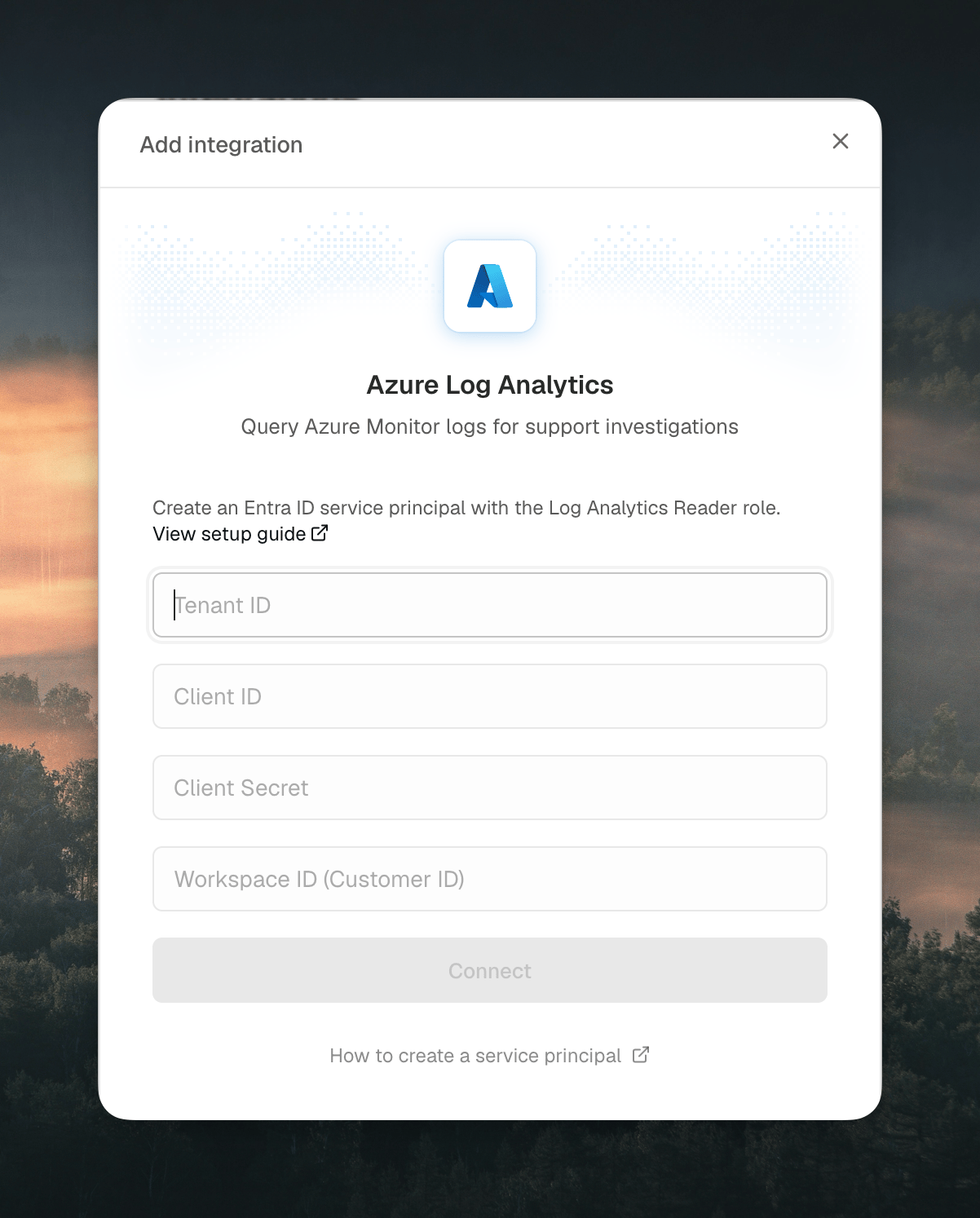 Decimal Azure Log Analytics connect modal with the four credential fields