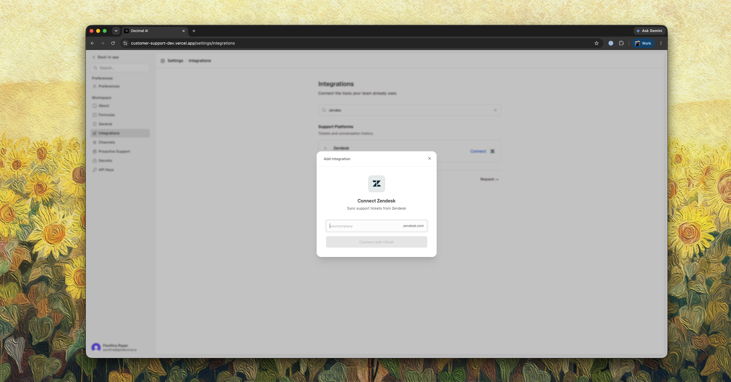Connect Zendesk modal