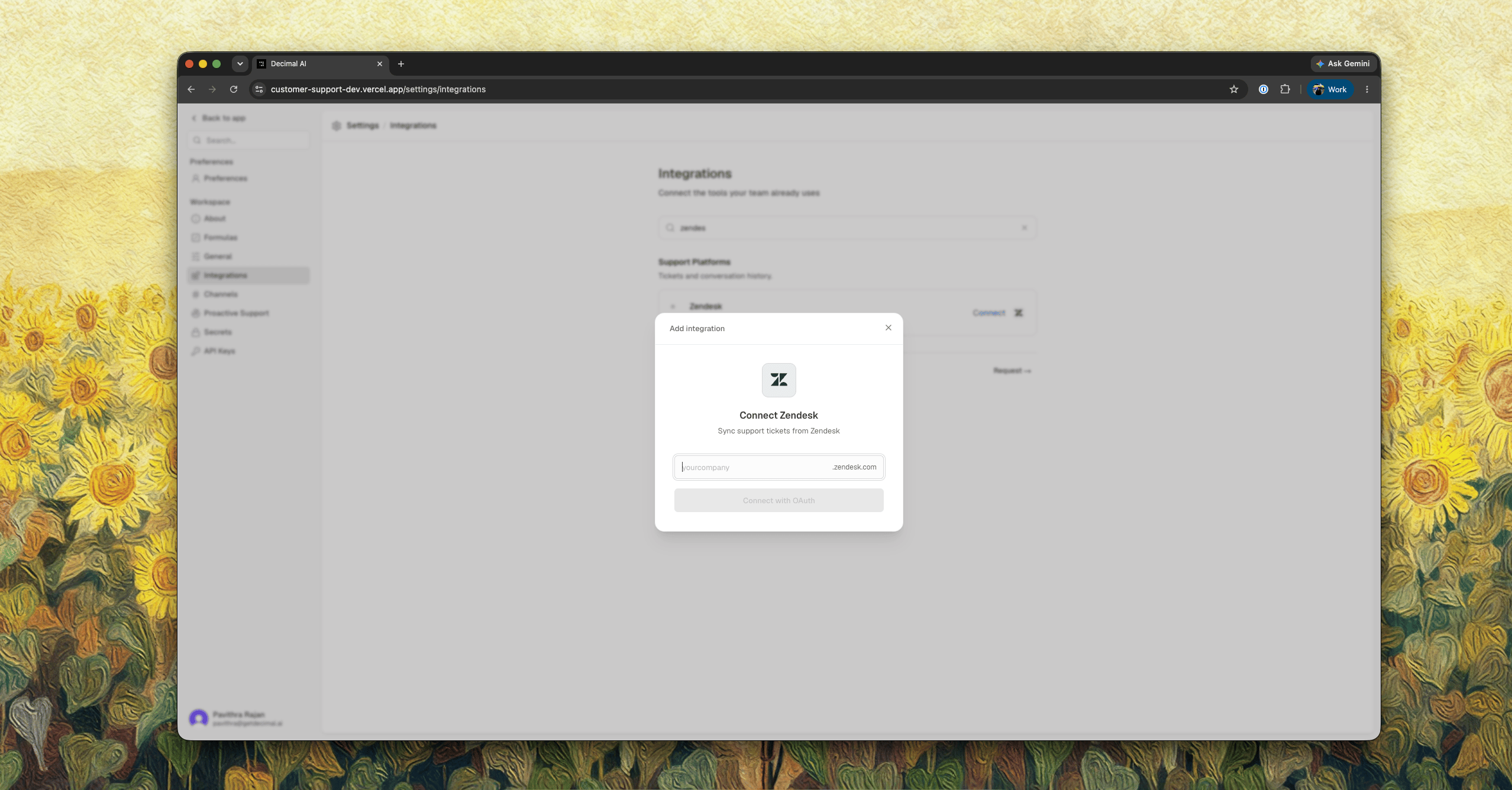 Connect Zendesk modal