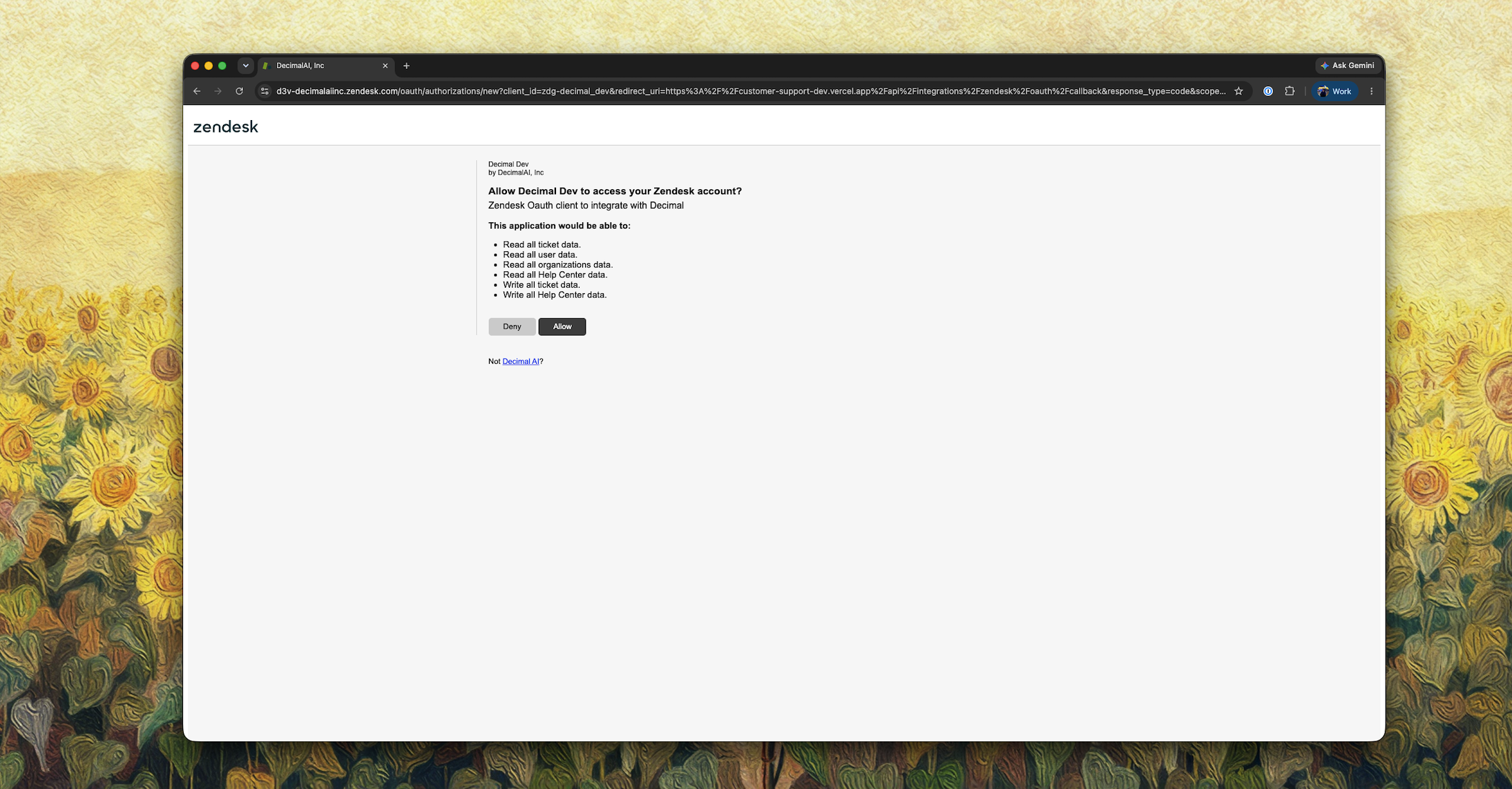 Zendesk OAuth approval screen