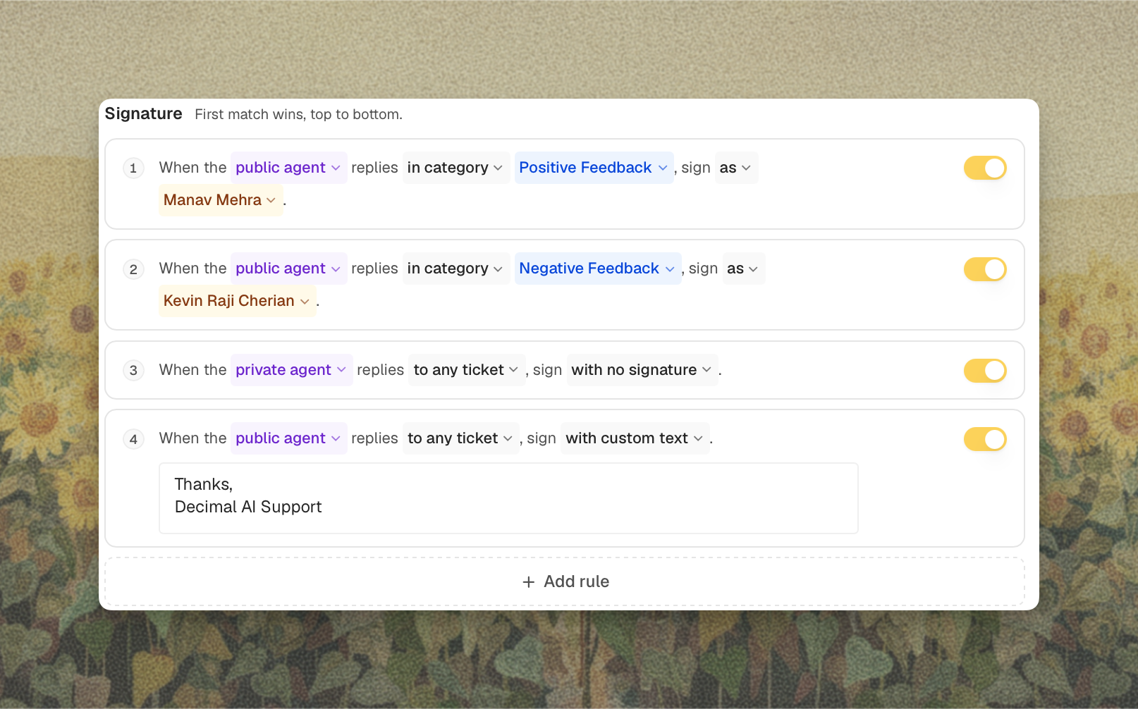 Signature rules on the Replies tab, with category-specific rules sitting above the catch-all
