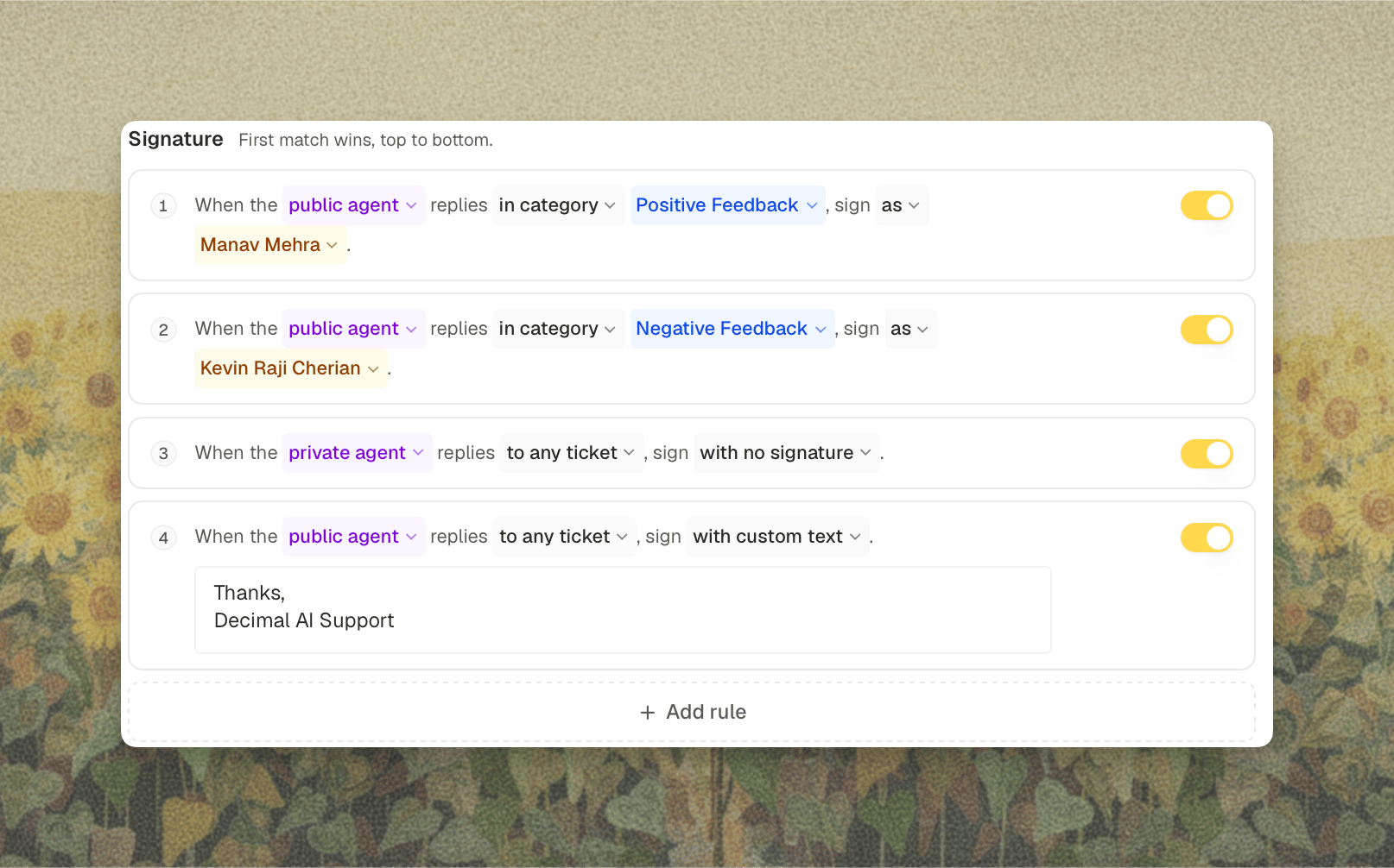 Signature rules on the Replies tab, with category-specific rules sitting above the catch-all