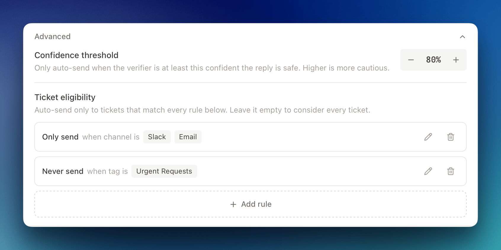 Advanced settings: confidence threshold and ticket eligibility