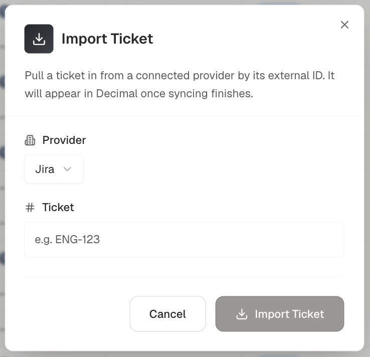 The Import Ticket dialog, with Jira chosen as the provider and an issue key in the Ticket field