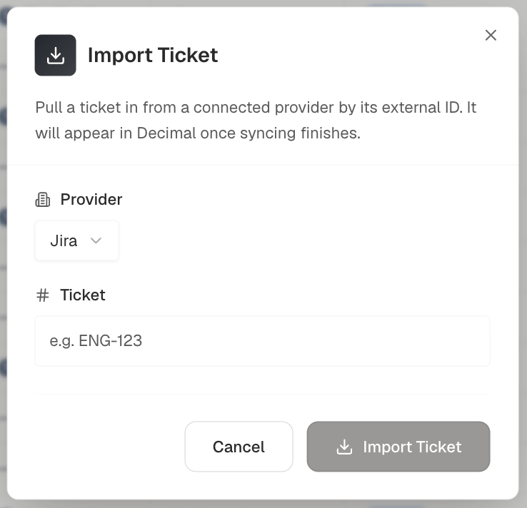 The Import Ticket dialog, with Jira chosen as the provider and an issue key in the Ticket field