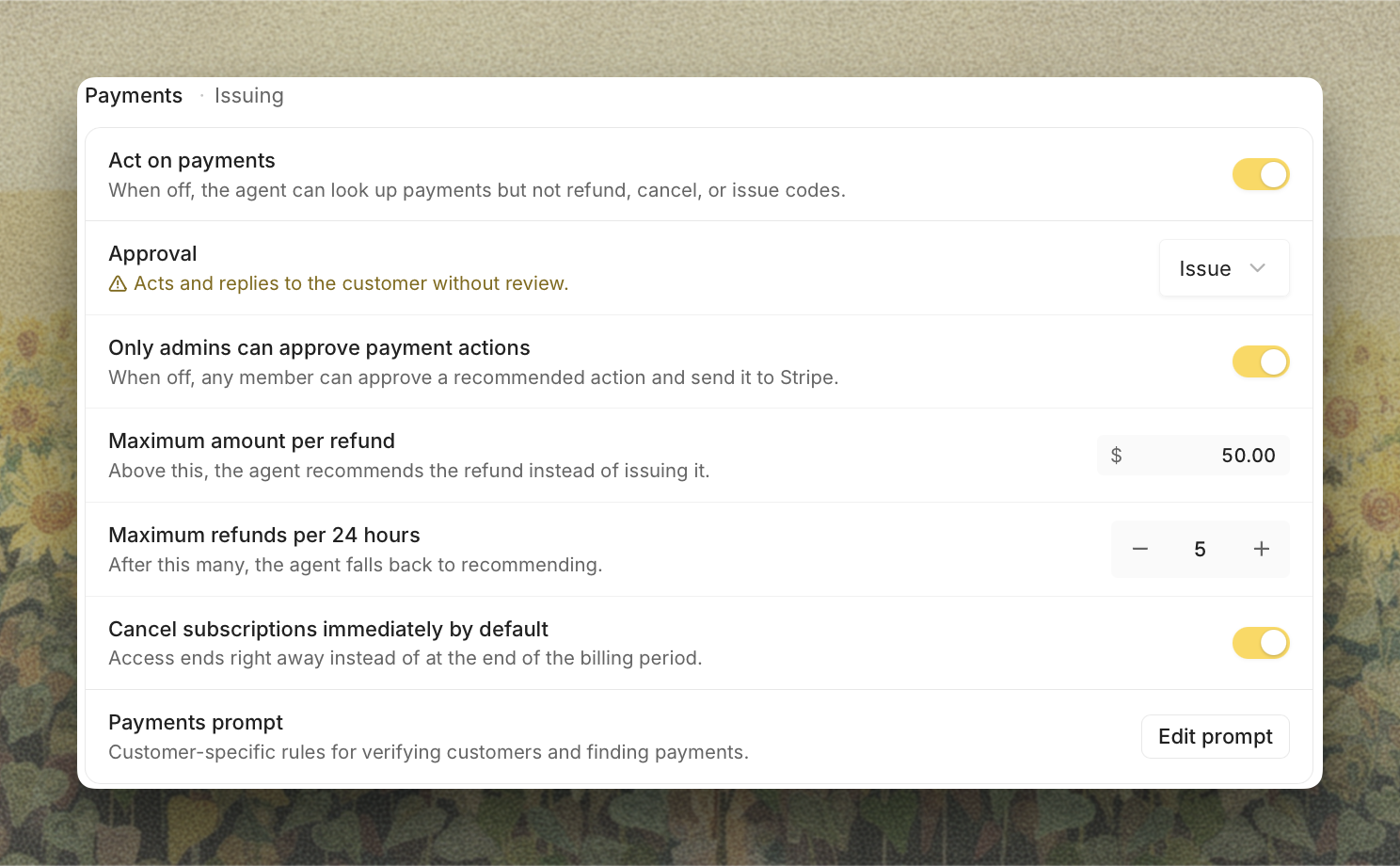 Payments on the Actions tab
