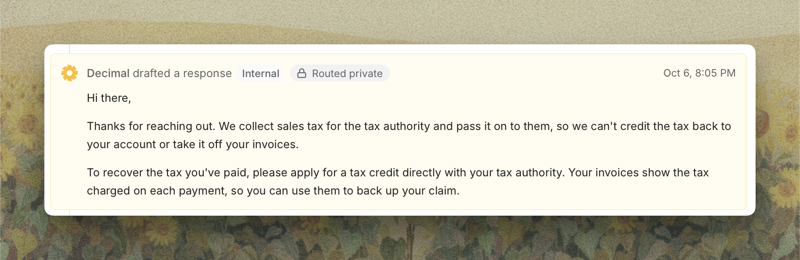 A drafted reply kept as an internal note on the ticket
