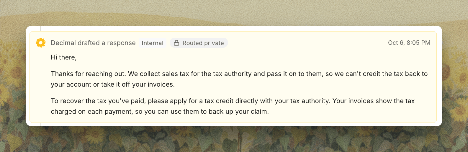 A drafted reply kept as an internal note on the ticket