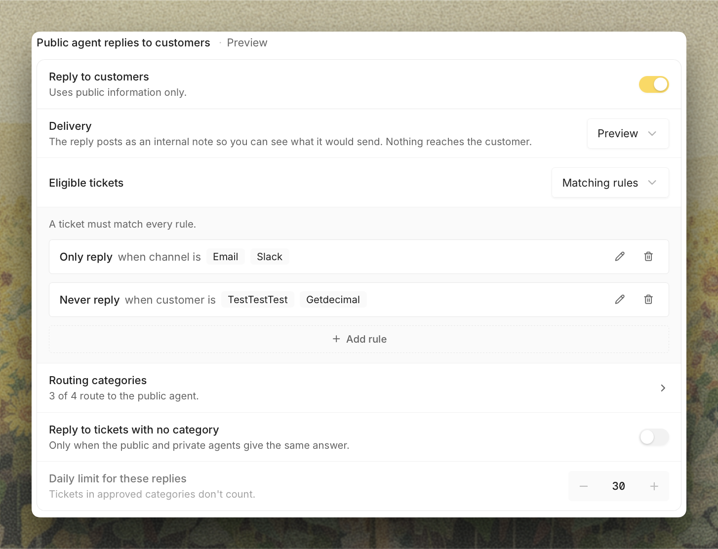 Public agent replies to customers on the Replies tab