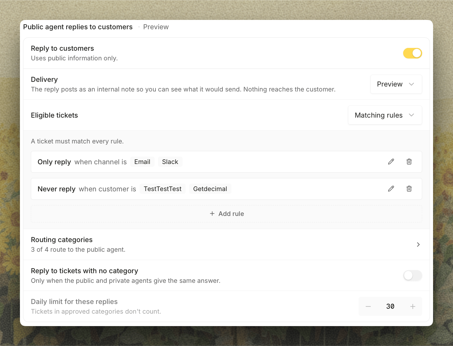 Public agent replies to customers on the Replies tab