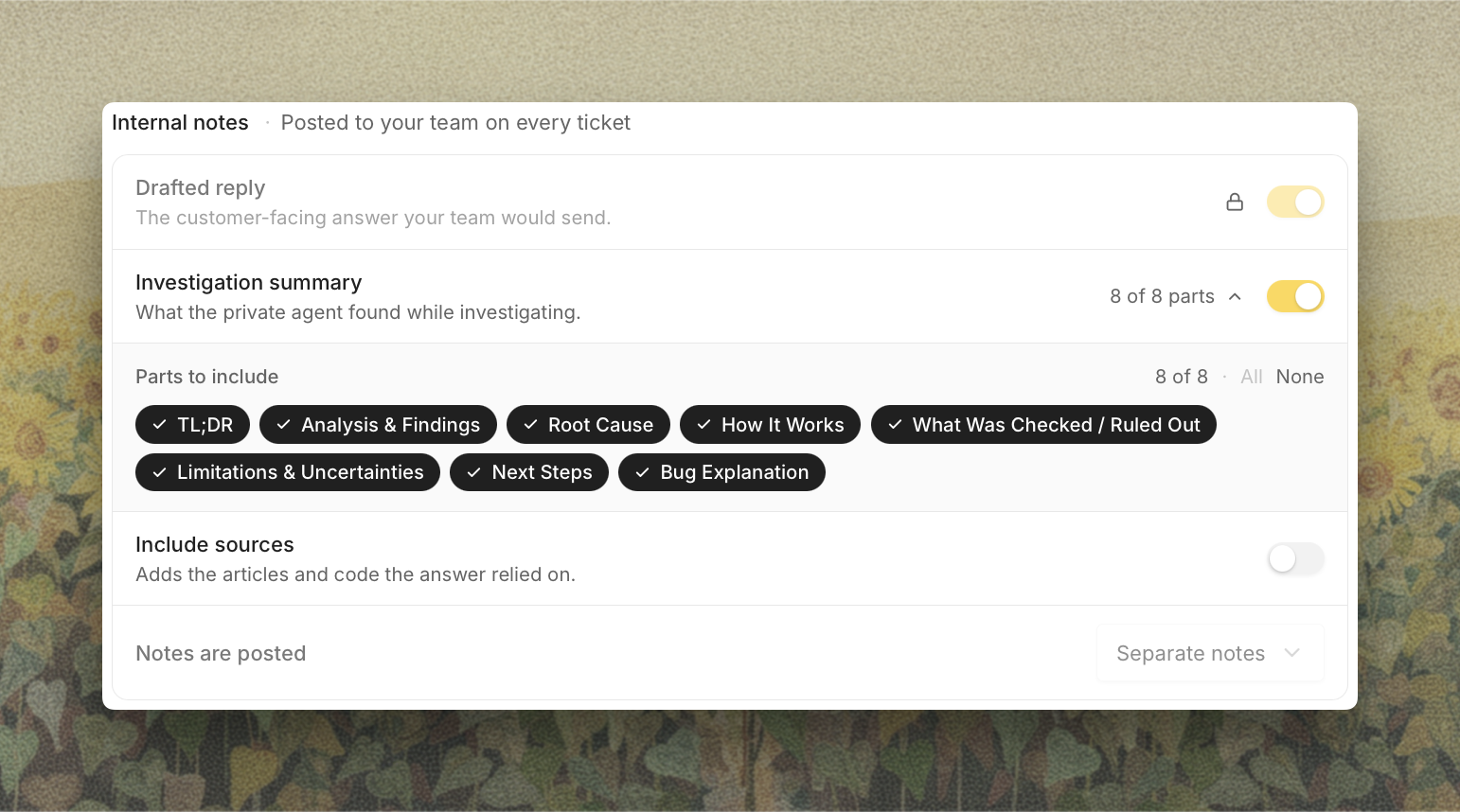 Internal notes on the Replies tab, with investigation summary parts expanded