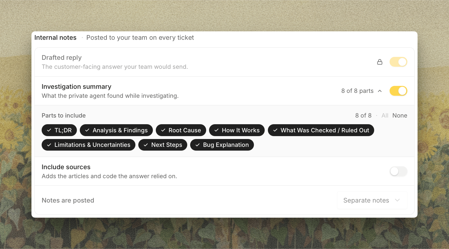 Internal notes on the Replies tab, with investigation summary parts expanded