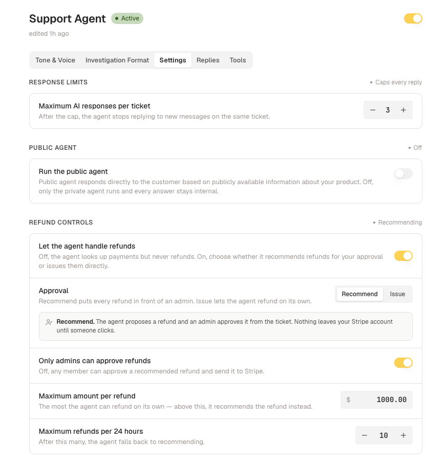 Response limits, public agent, and refund controls