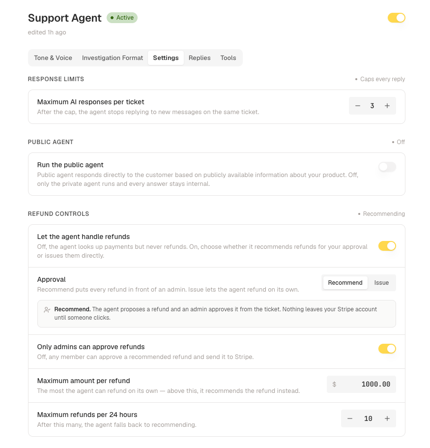 Response limits, public agent, and refund controls