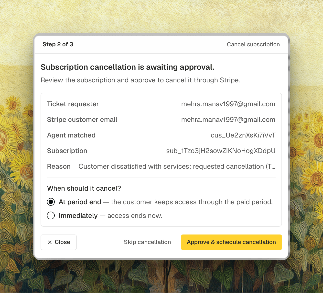 Cancel a subscription from a ticket