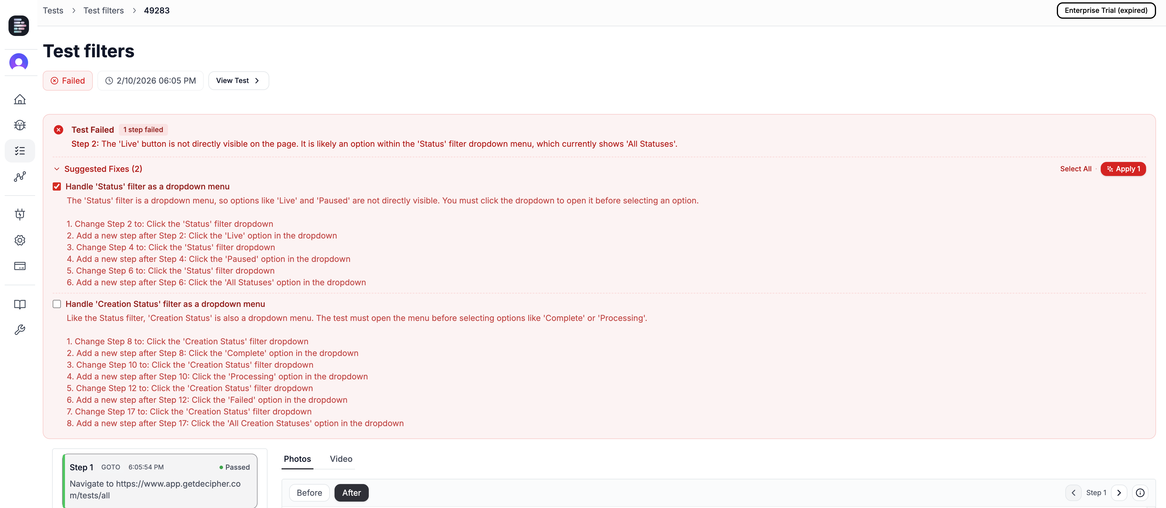 Suggested fixes for a failed test run