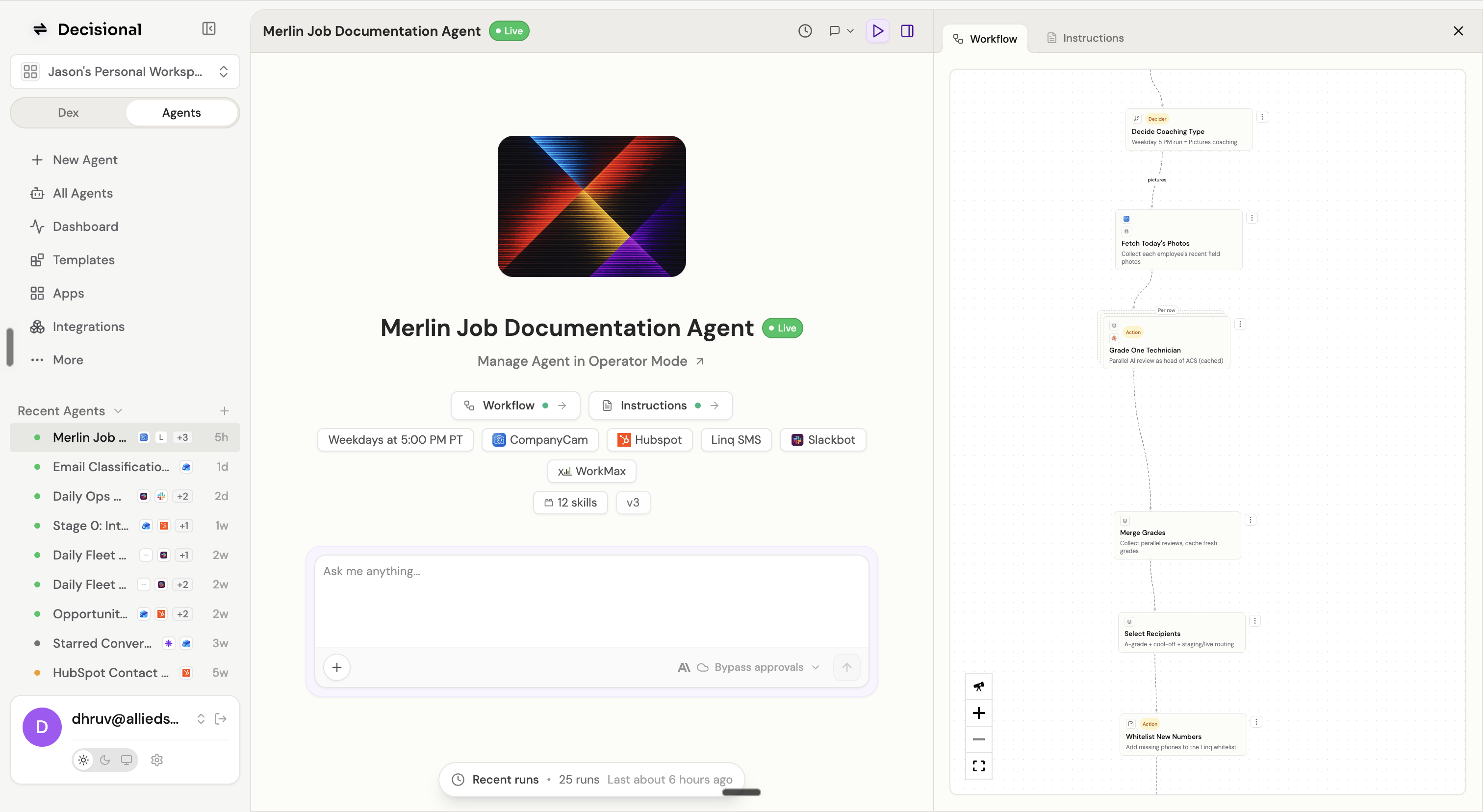 Chat Mode showing a conversation with an agent and its workflow panel open