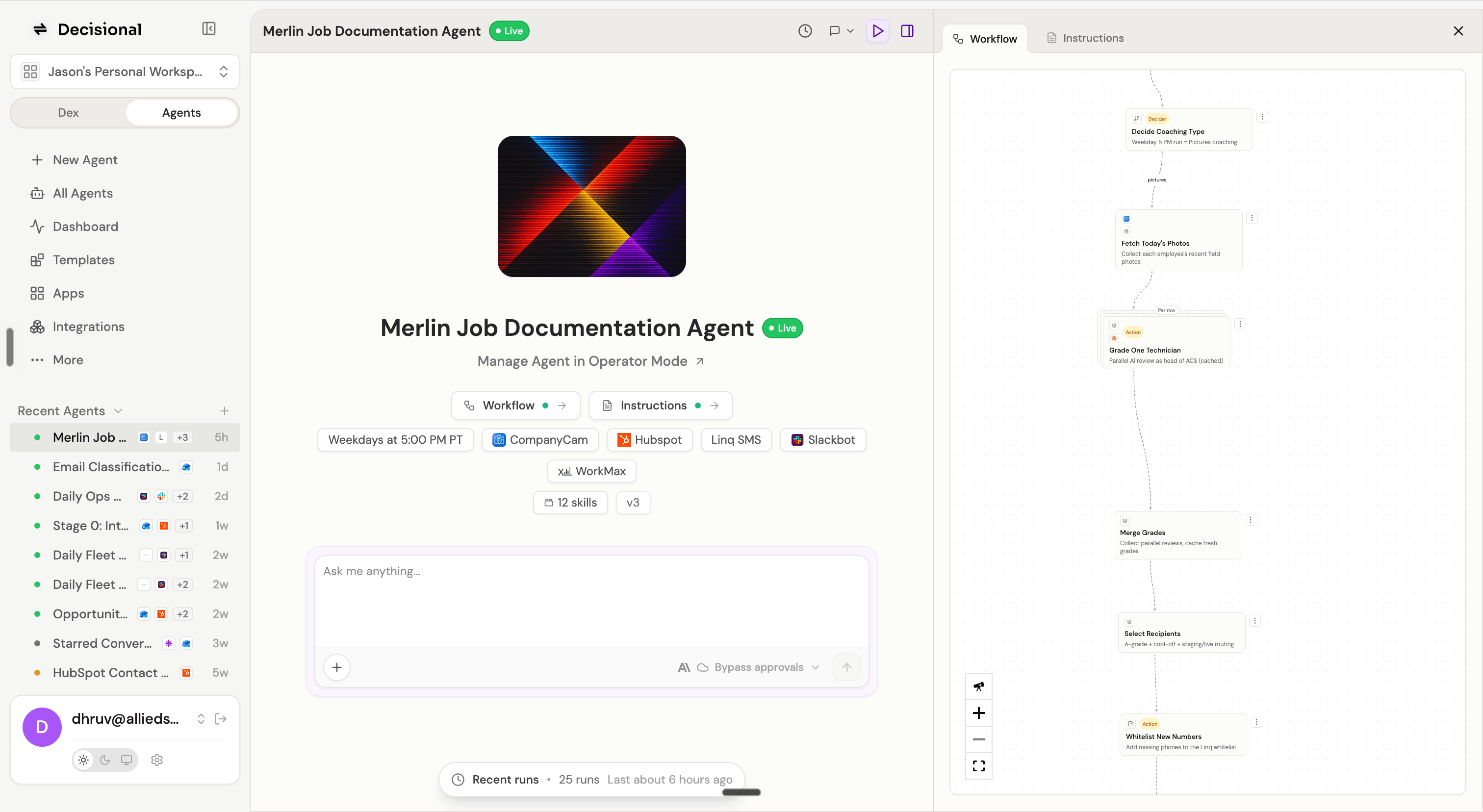 Chat Mode showing a conversation with an agent and its workflow panel open