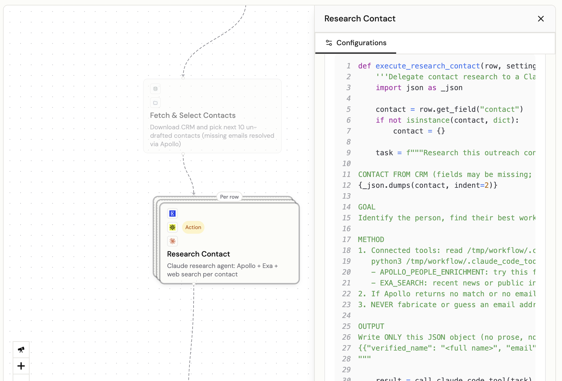 Research Contact workflow step with its code configuration open in the right-hand panel