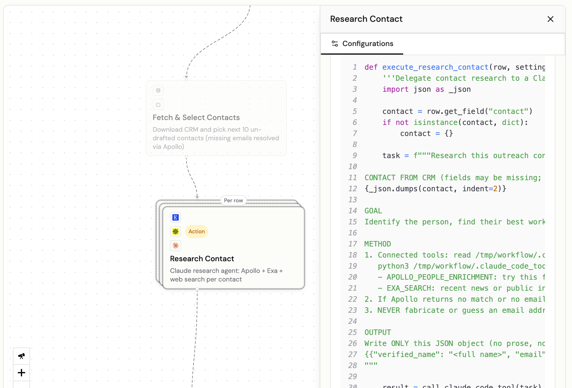Research Contact workflow step with its code configuration open in the right-hand panel