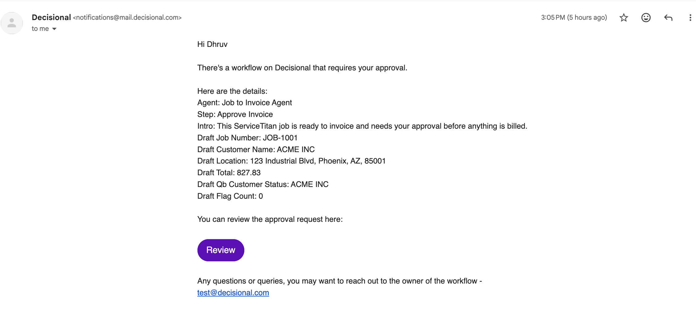 Gate approval email showing selected invoice fields and a Review button