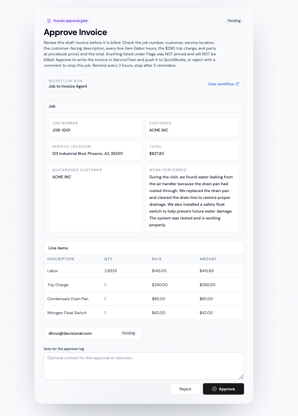 Gate approval page showing invoice details, line items, approver status, a note field, and Approve or Reject buttons