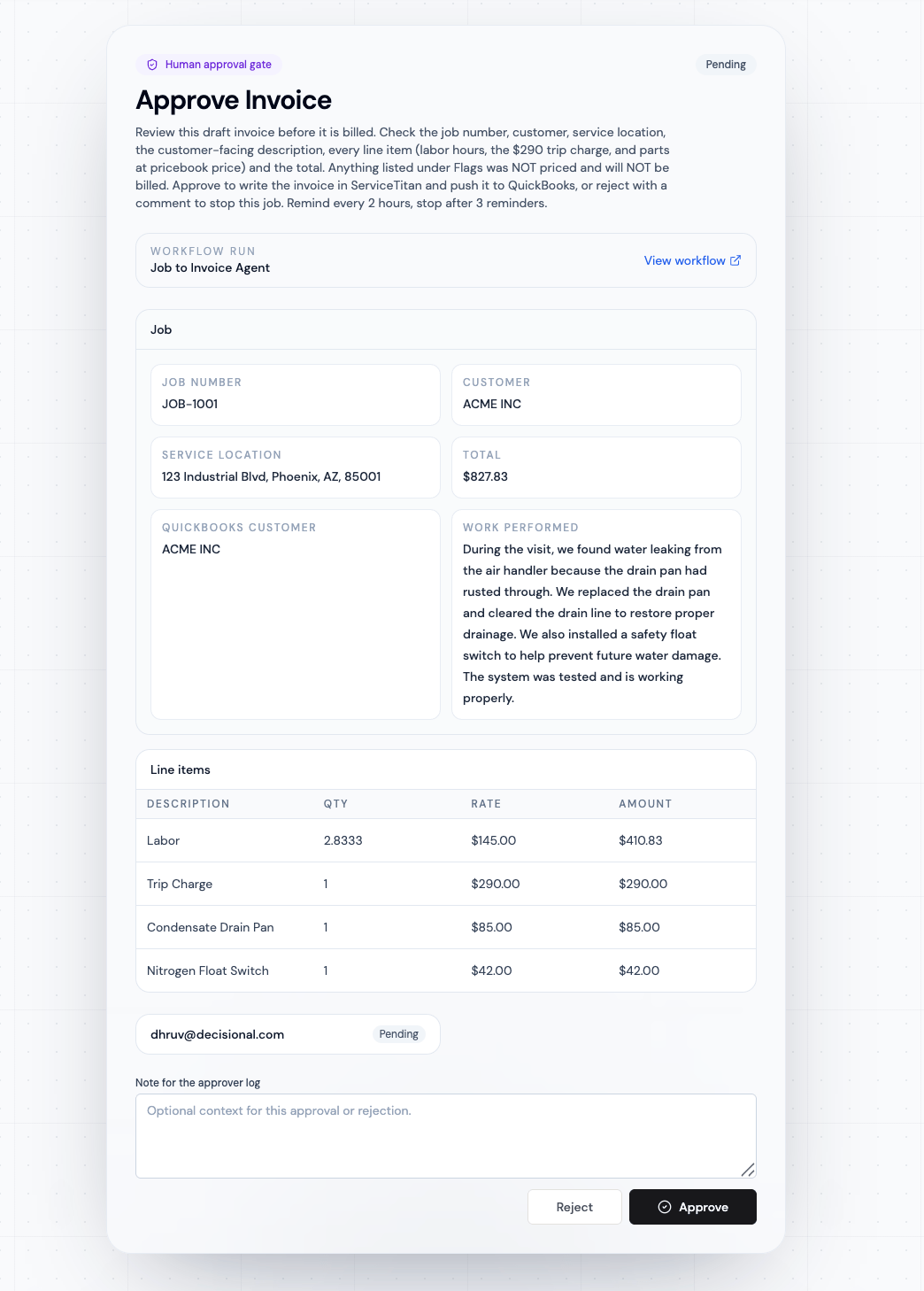 Gate approval page showing invoice details, line items, approver status, a note field, and Approve or Reject buttons