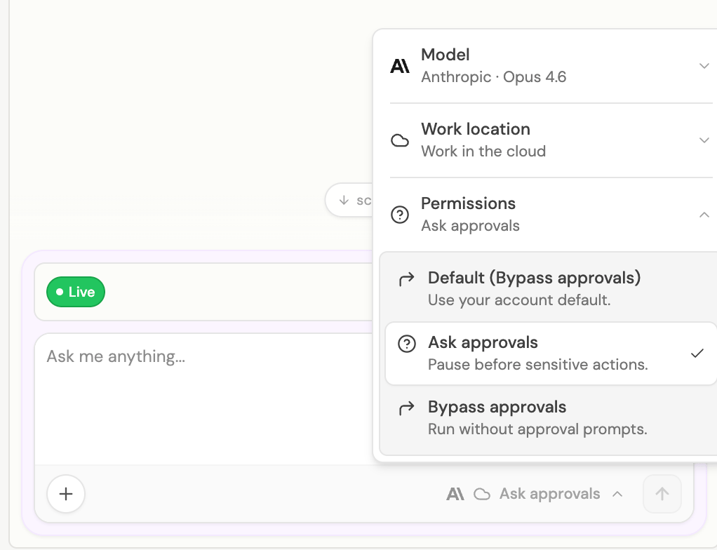 Chat prompt box permissions picker with Ask approvals selected