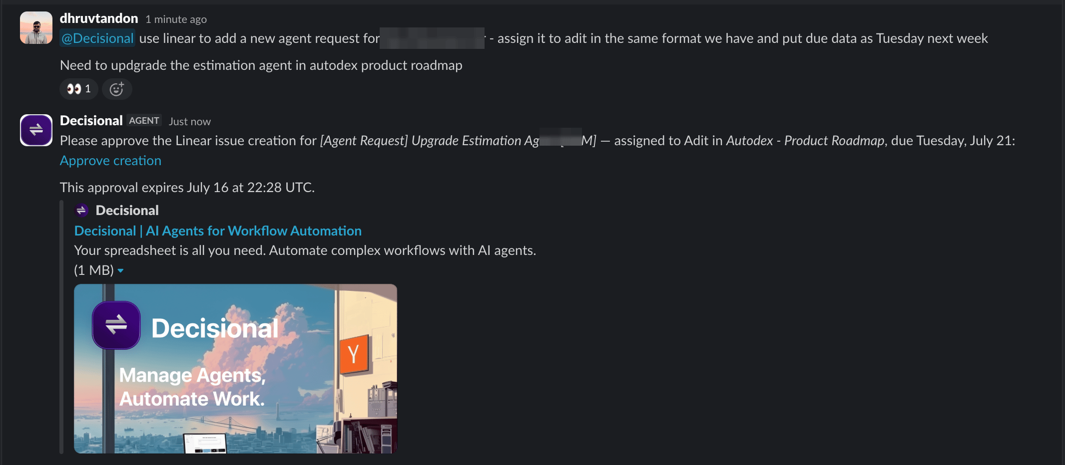 Dex approval request in Slack before creating a Linear issue