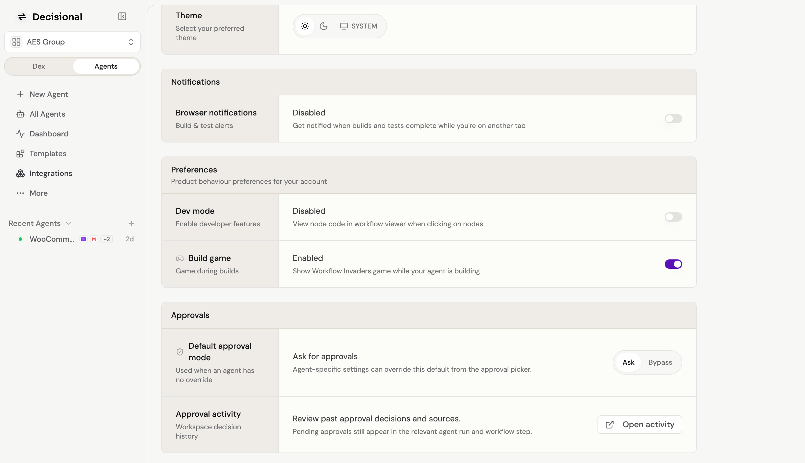 Workspace settings showing the default approval mode