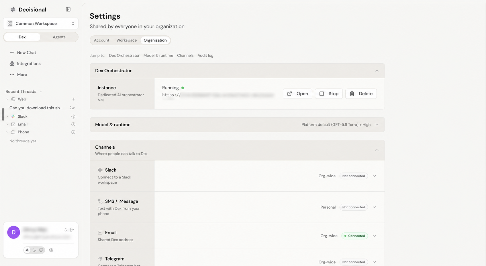 Organization settings showing a running Dex orchestrator and channel options for Slack, SMS or iMessage, email, and Telegram
