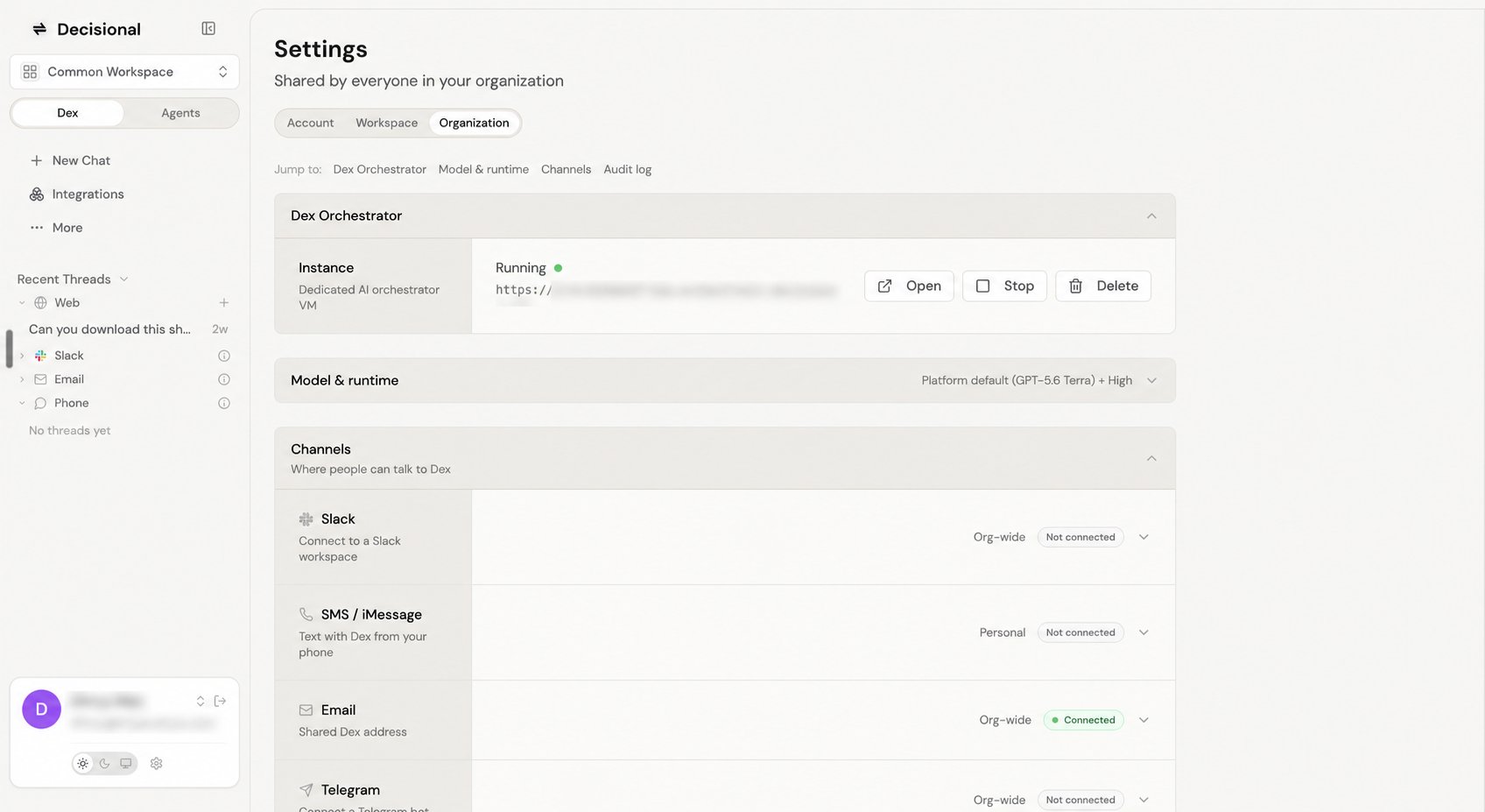 Organization settings showing a running Dex orchestrator and channel options for Slack, SMS or iMessage, email, and Telegram