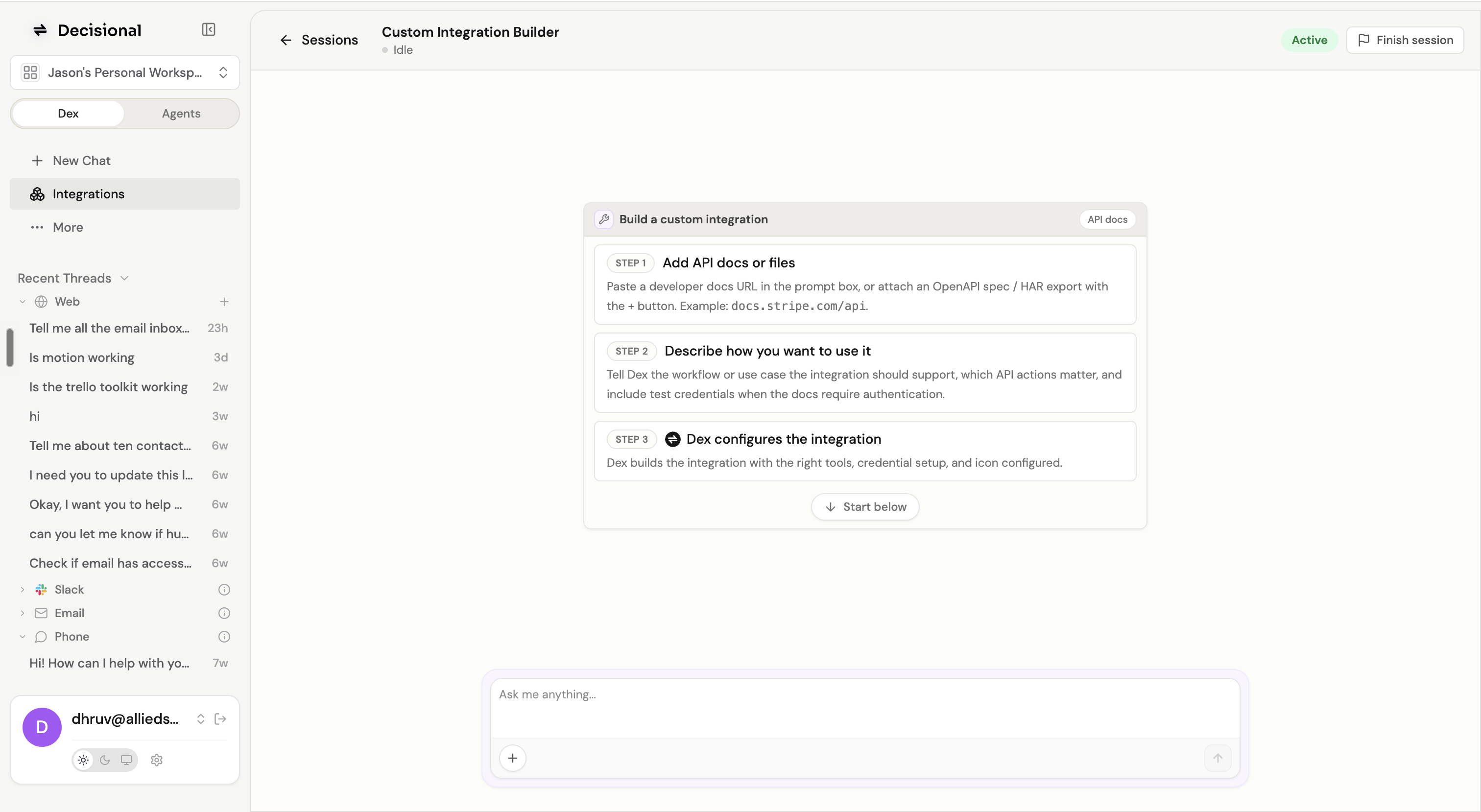 Custom Integration Builder showing three steps: add API docs or files, describe how the integration should be used, and let Dex configure the integration