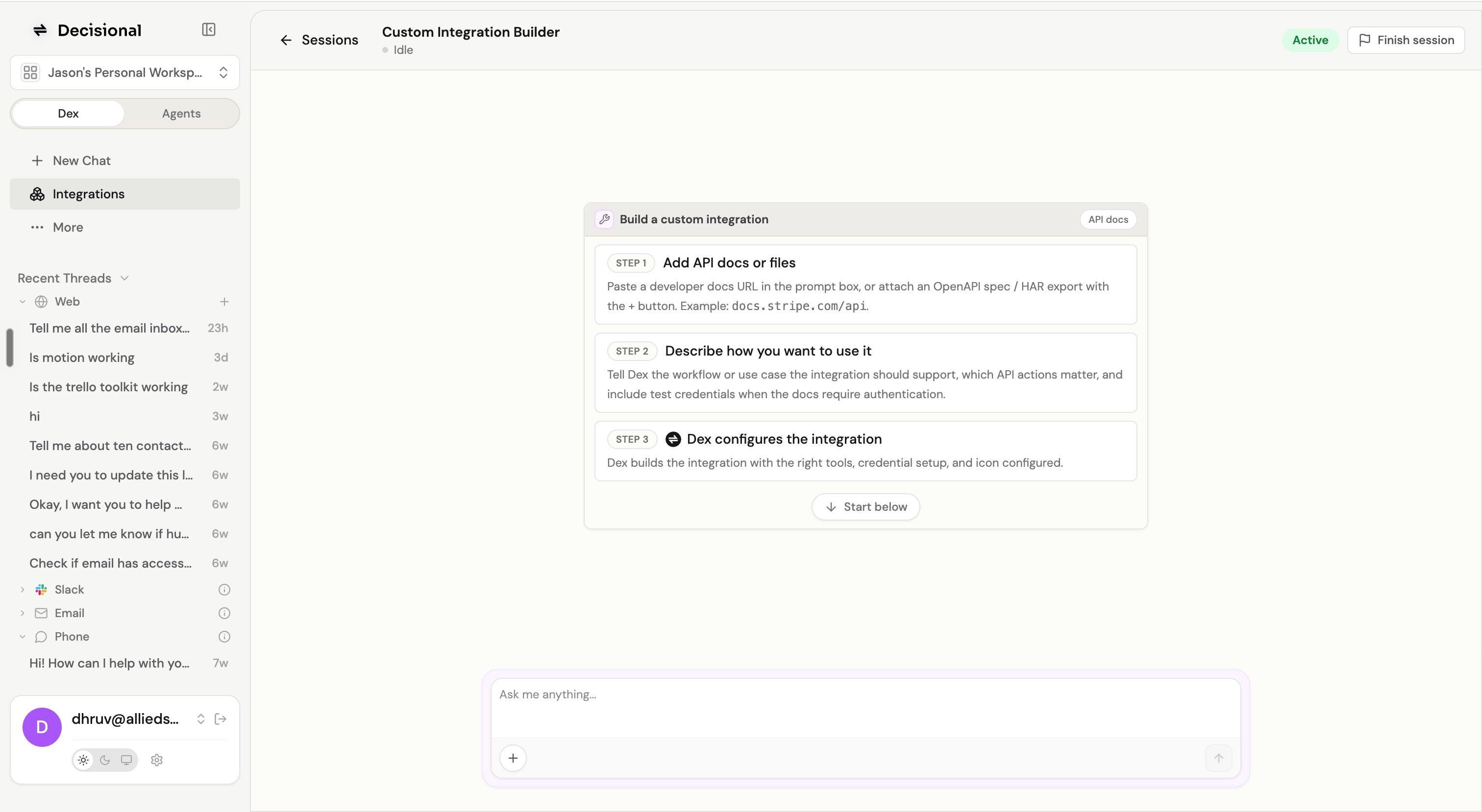 Custom Integration Builder showing three steps: add API docs or files, describe how the integration should be used, and let Dex configure the integration