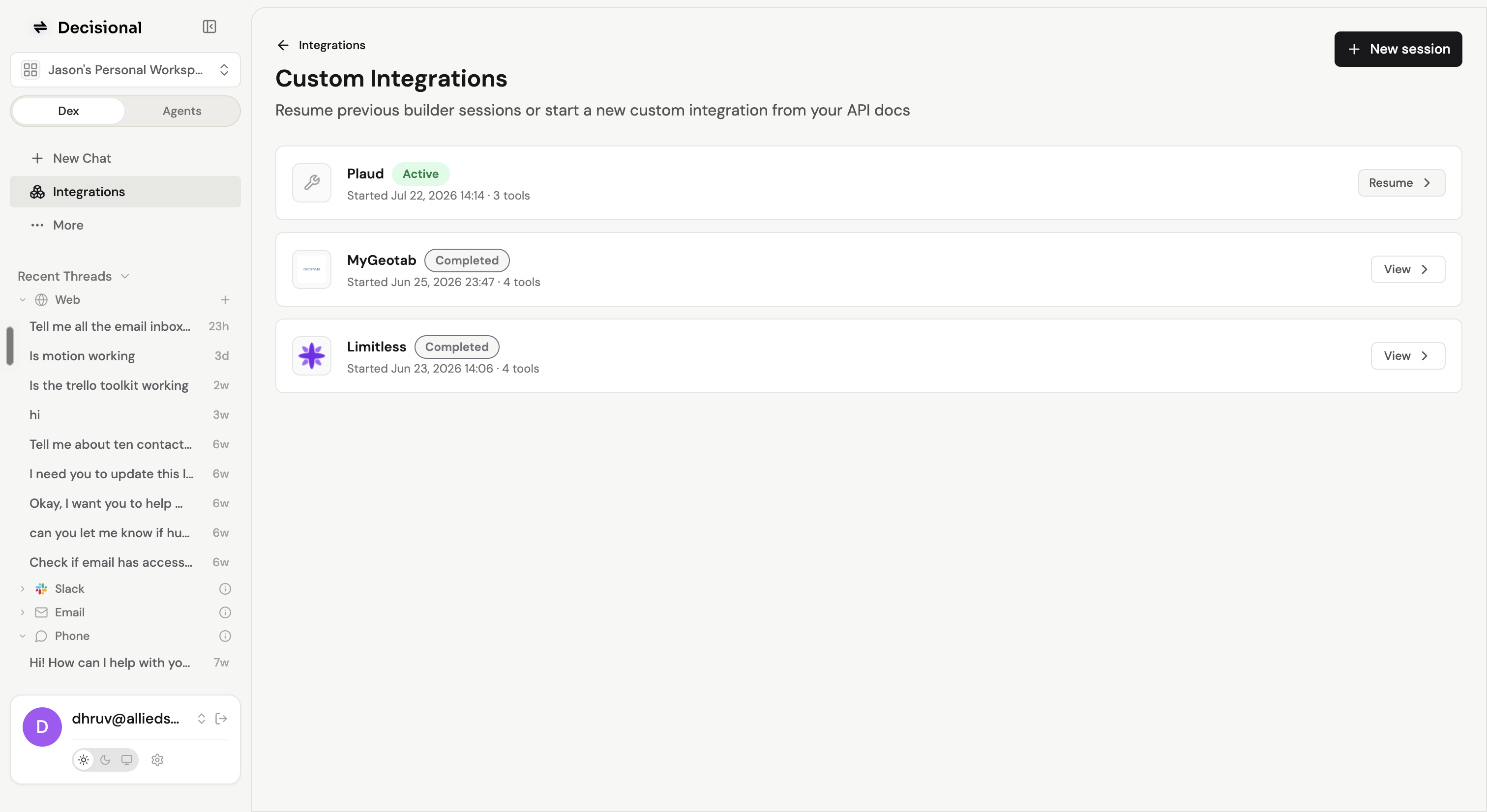 Decisional Custom Integrations page showing an active Plaud builder session and completed MyGeotab and Limitless sessions