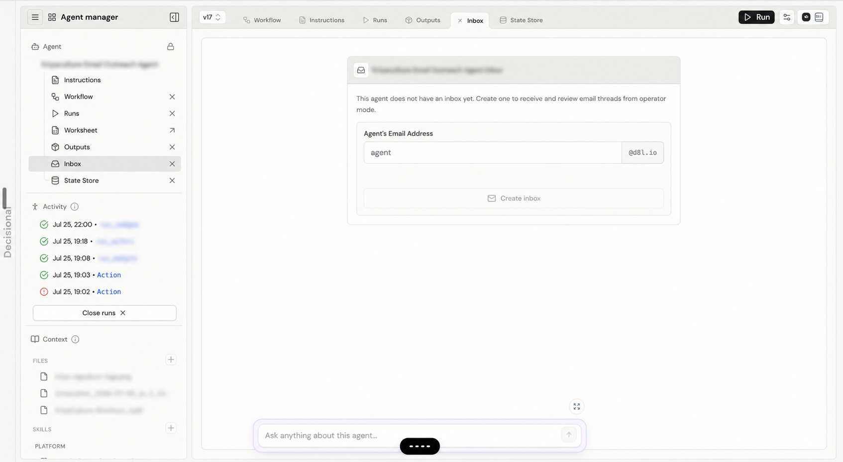 Inbox setup for creating a dedicated email address for an agent