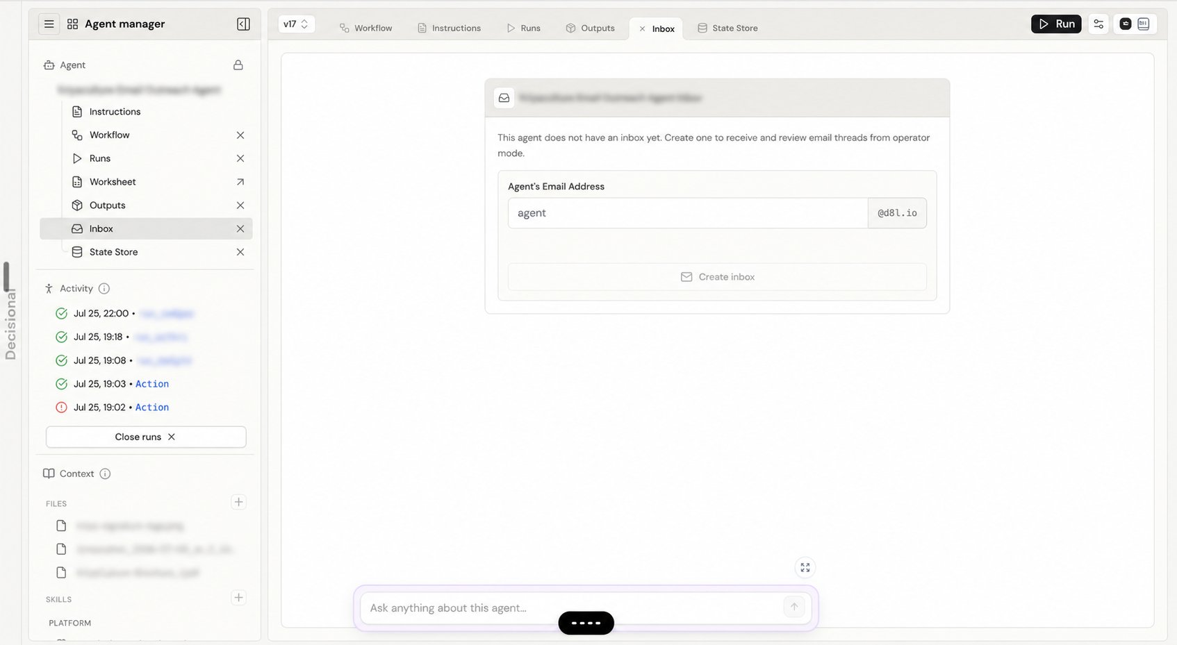 Inbox setup for creating a dedicated email address for an agent